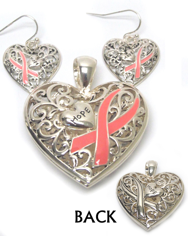 Metal filigree front and back both side pink ribbon heart pendant and earring set