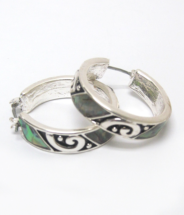 Abalone and filigree metal hoop earring