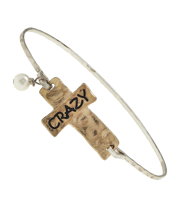 Handmade cross and pearl wire bangle bracelet - crazy