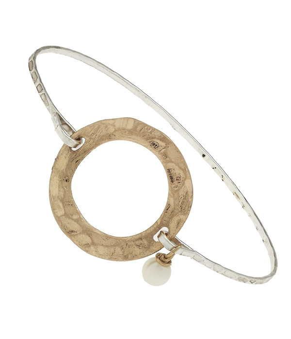 Handmade disk and pearl wire bangle bracelet