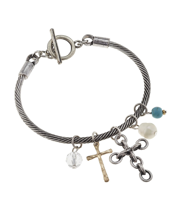 HANDMADE CROSS CHARM AND TWIST CHAIN TOGGLE BRACELET