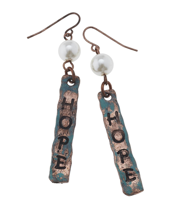 Handmade patina pearl and bar drop earring - hope