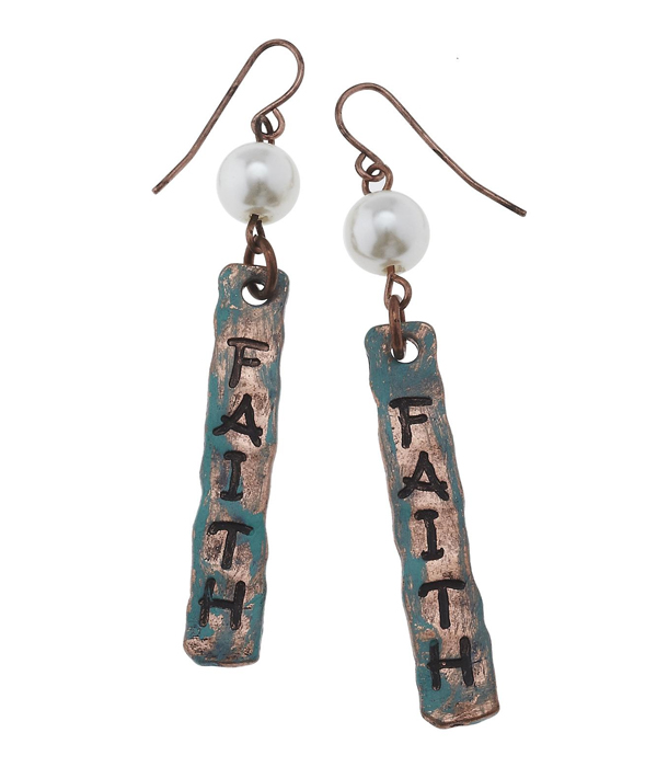 Handmade patina pearl and bar drop earring - faith