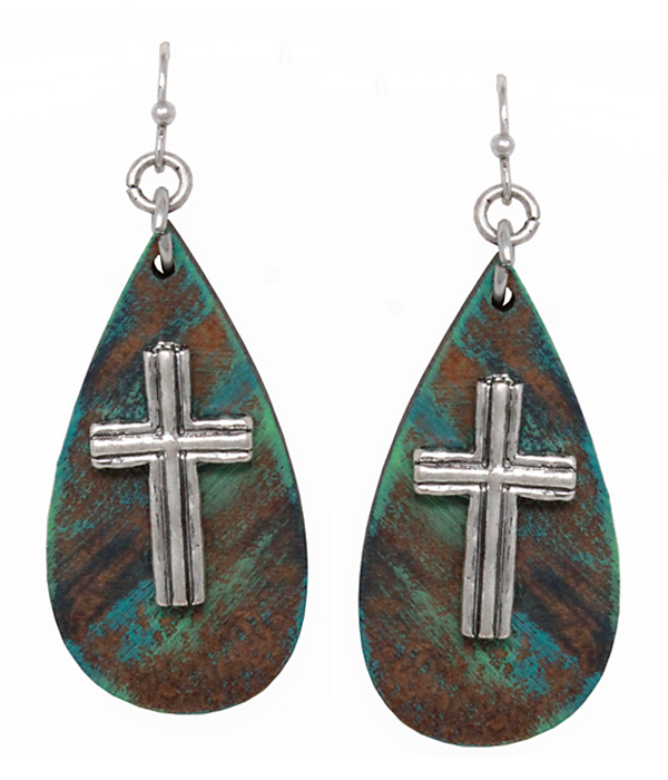 VINTAGE RUSTIC CROSS TEARDROP EARRING