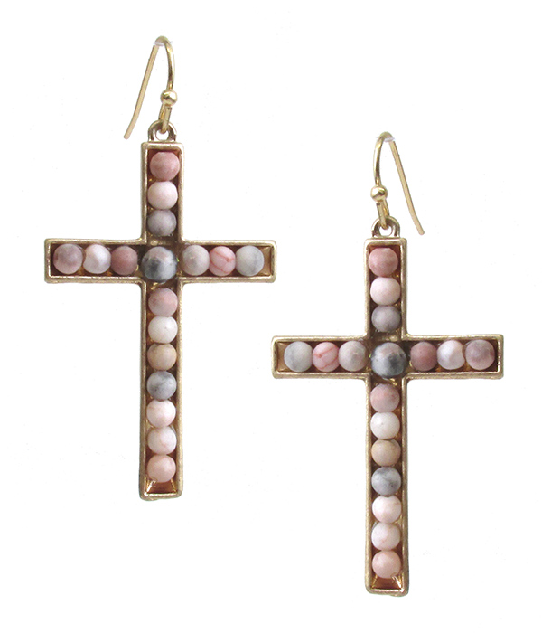 Semi precious stone cross earring - pink zebra