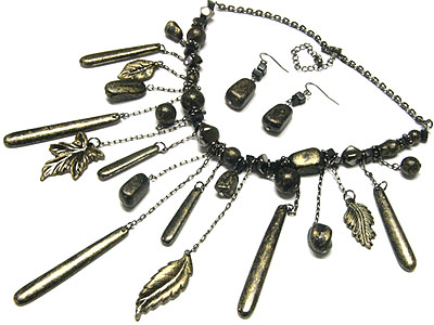 Patina beads and multi antique charm dangle necklace and earring set