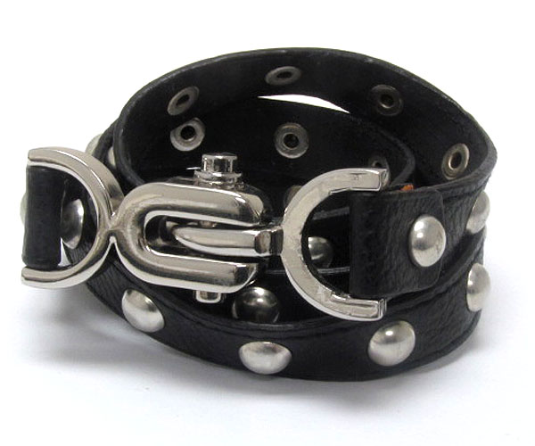 Metal stud and buckle leatherette wrap bracelet