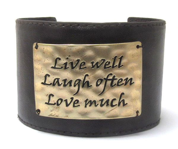 Message on hammered plate leatherette bracelet
