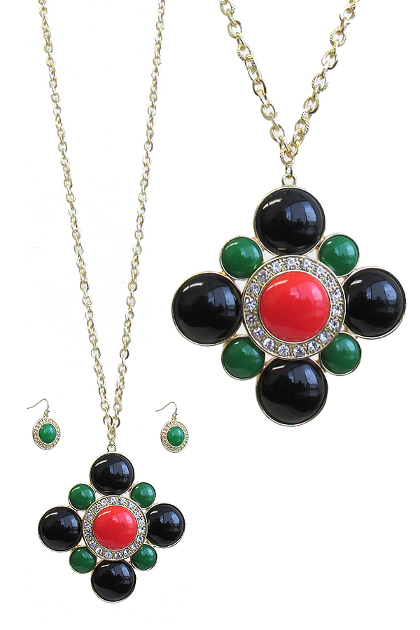 LUXURY CRYSTAL AND ACRYL FLOWER MEDALLION NECKLACE EARRING SET