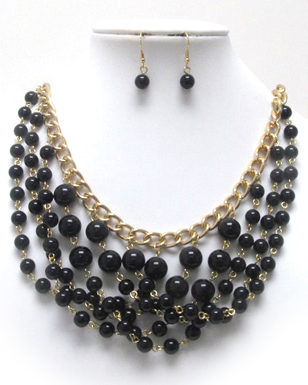 MULTI MIXED SIZE PEARL BALL BIB STYLE NECKLACE EARRING SET
