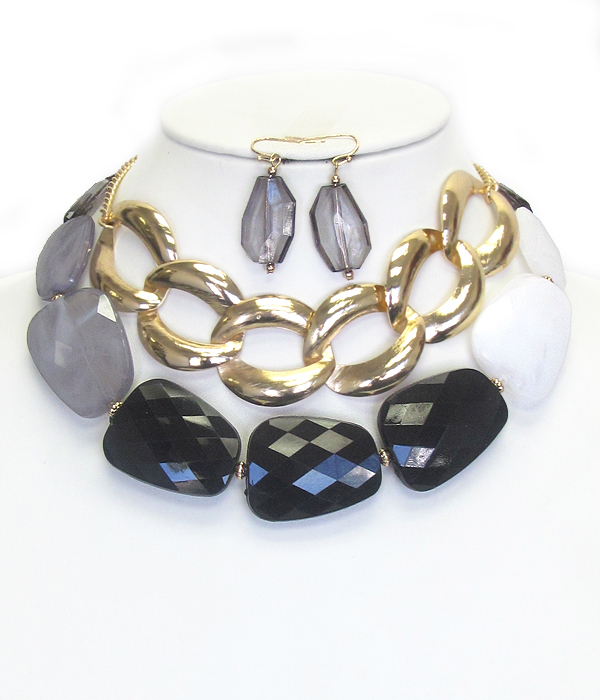 Multi facet resin stone and chunky chain choker necklace set