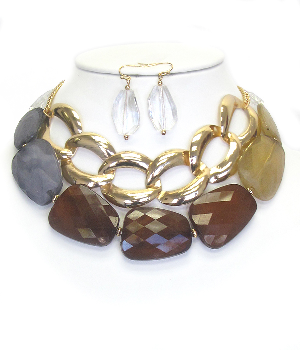 Multi facet resin stone and chunky chain choker necklace set
