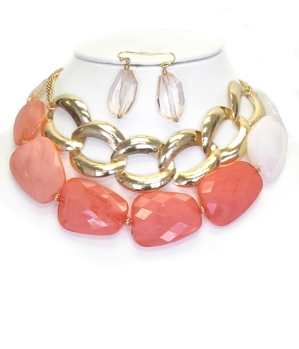 Multi facet resin stone and chunky chain choker necklace set