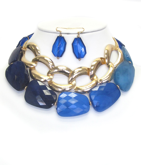 Multi facet resin stone and chunky chain choker necklace set