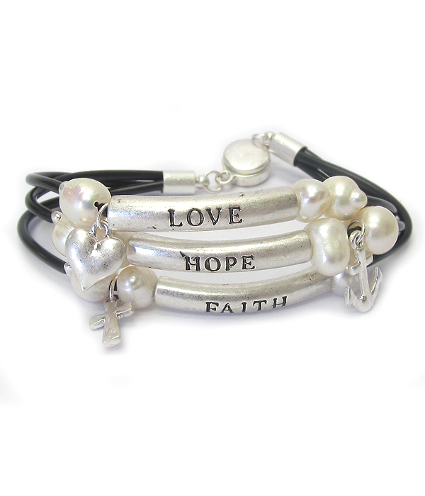 Multi bead and cord metal tube magnetic bracelet - love hope faith