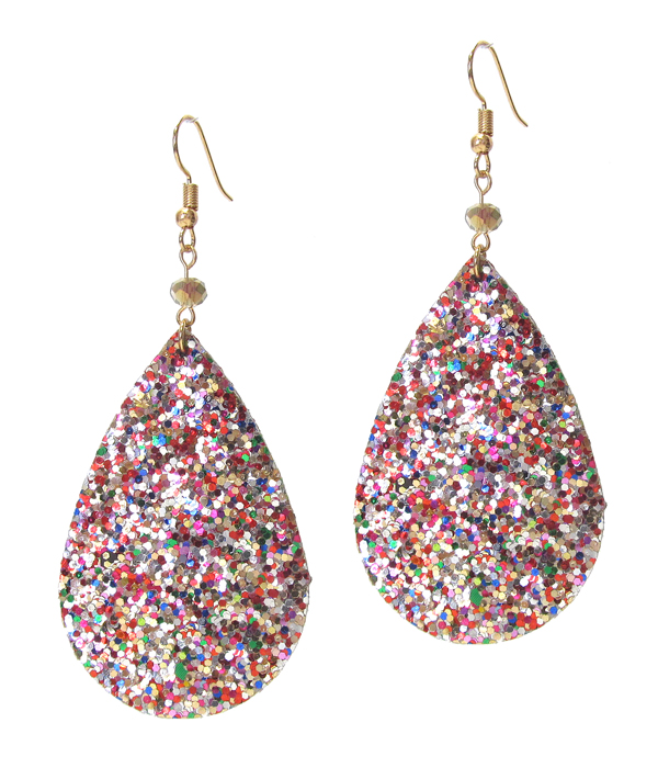 GLITTERING TEARDROP LEATHER EARRING