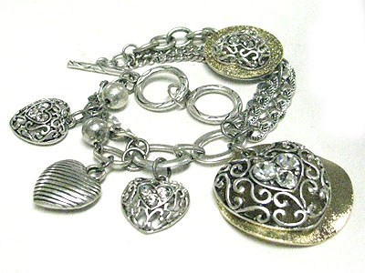Crystal stud multi heart and round charm dangle multi chain bracelet