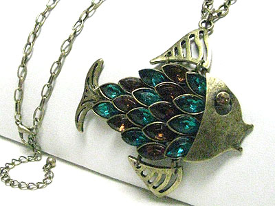 Vintage style burnish metal crystal fish pendant long necklace