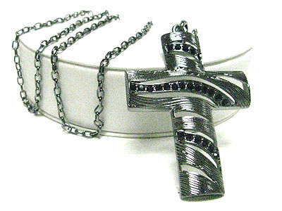 Crystal wave metal cross pendant long necklace