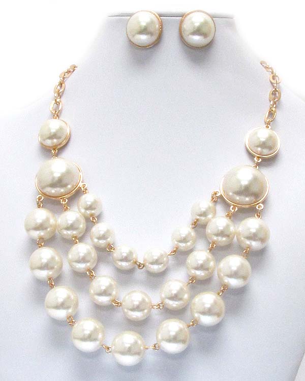 Multi pearl deco three layer drop necklace earring set
