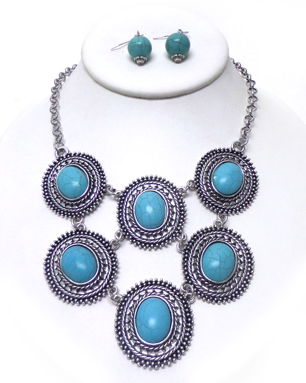Linked disks with turquoise stone necklace set
