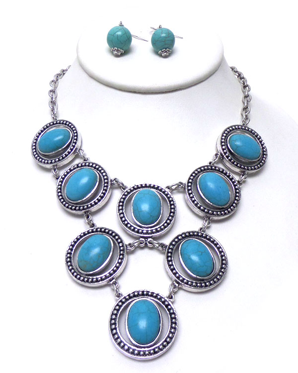 LINKED DISKS WITH TURQUOISE STONE NECKLACE SET