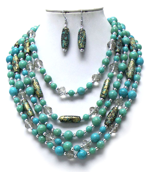 Multi layer turquoise stone and beads  necklace set