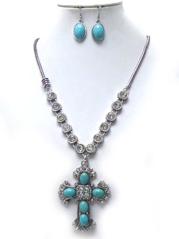 Turquoise stone cross necklace set