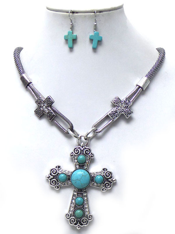 Turquoise stone cross necklace set