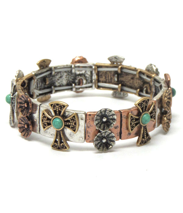 Linked cross and flowers bracelet