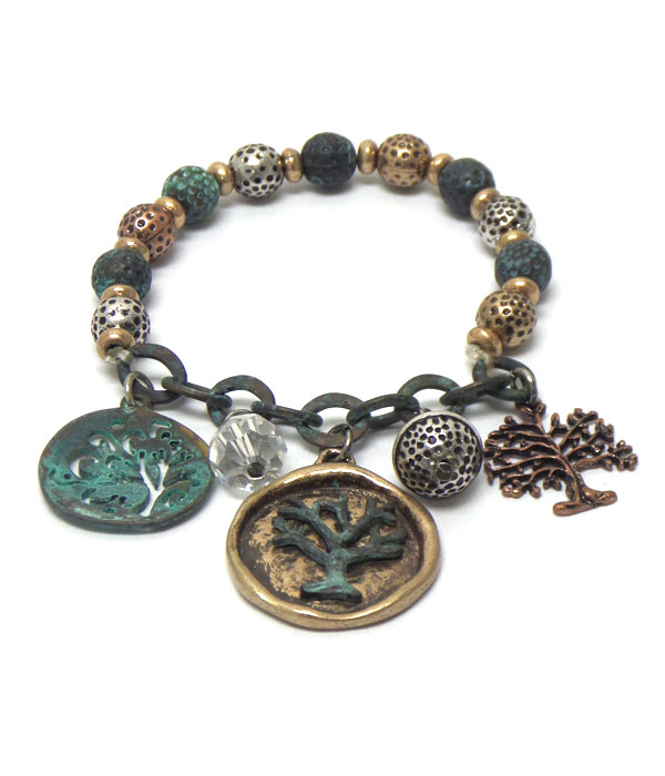 Rustic vintage metal beads with tree of life charm bracelet