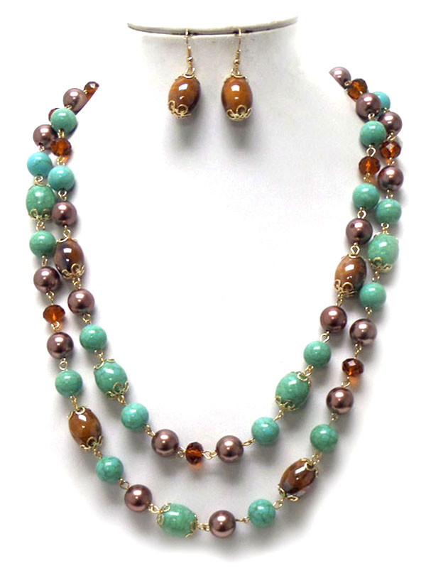 Stone and beads metal linke necklace set