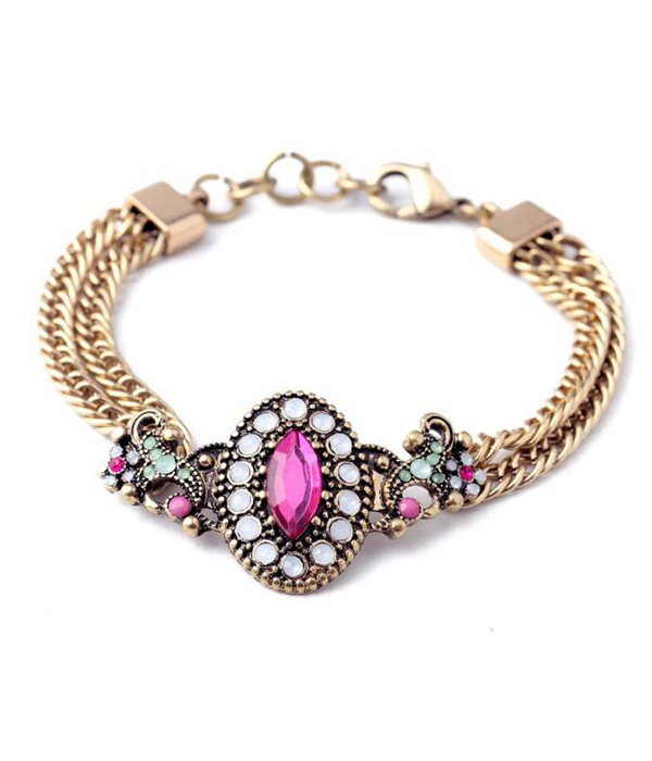 Boutique style crystal and stone deco oval charm metal bracelet