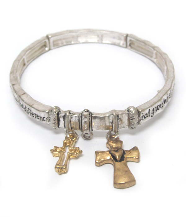 Cross charm rustic message stretch bracelet - serenity prayer