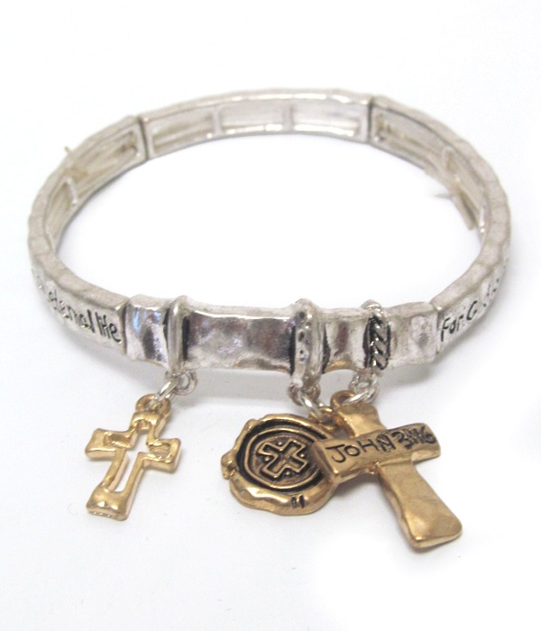 Cross charm rustic message stretch bracelet - john 3:16