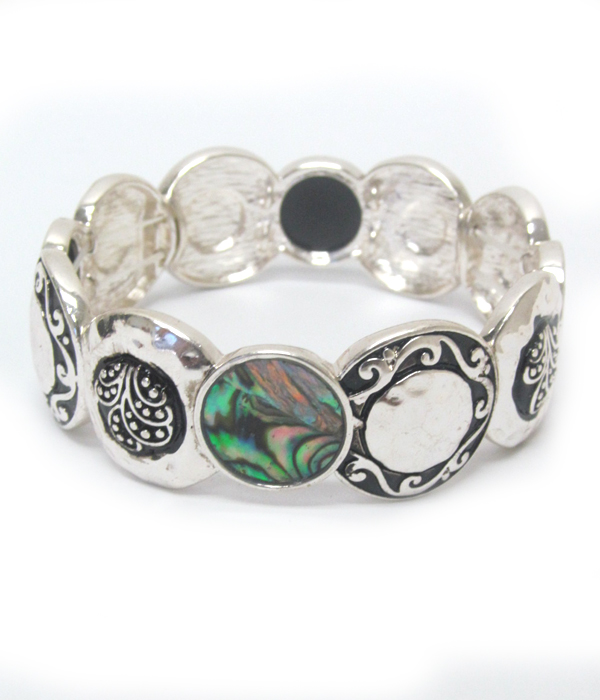 ABALONE AND FILIGREE DISK LINK STRETCH BRACELET