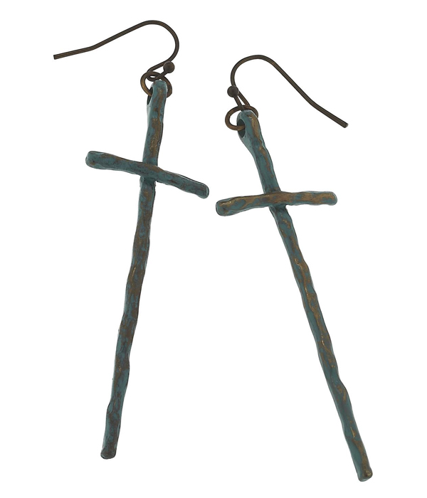 Handmade patina long cross earring