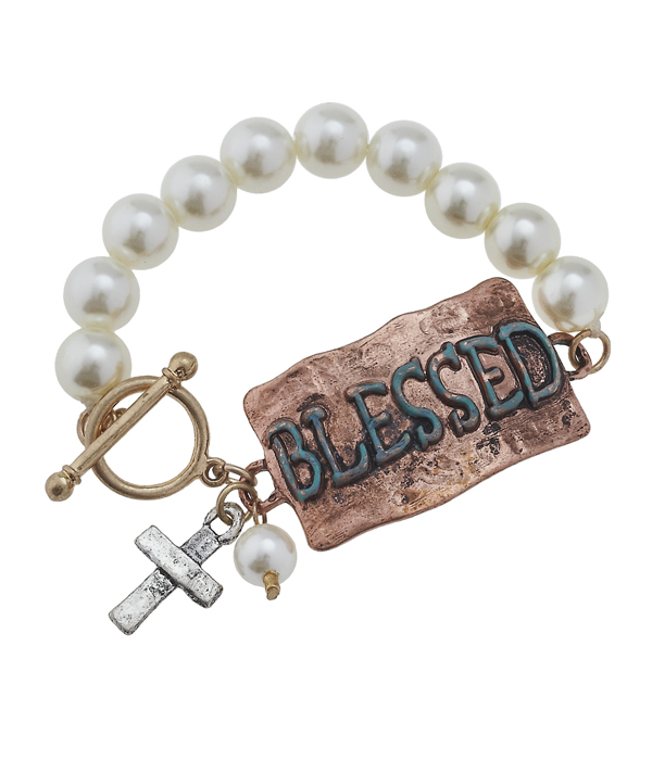 Handmade plate and pearl toggle bracelet - blessed
