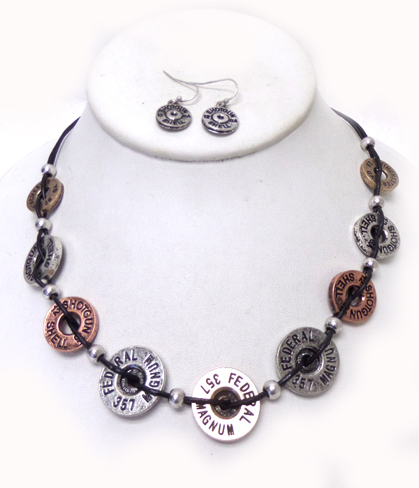 Western theme multi metal bullet disks linked necklace