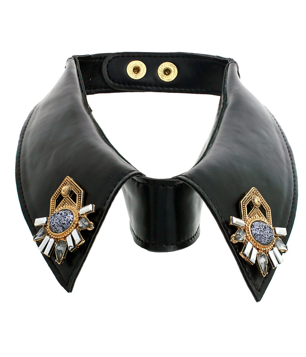 Metal and crystal stud leather collar necklace