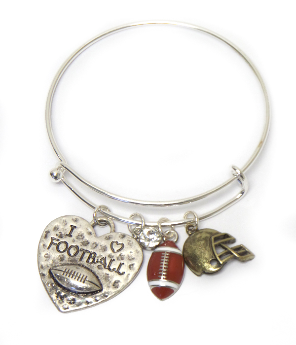 Heart and football theme charm adjustable wire bangle bracelet - i love football
