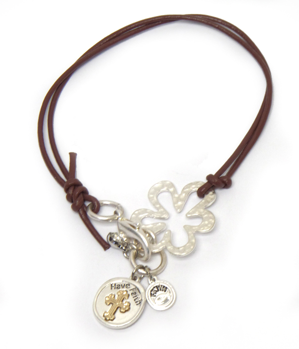 Religious theme charm and leather cord bracelet