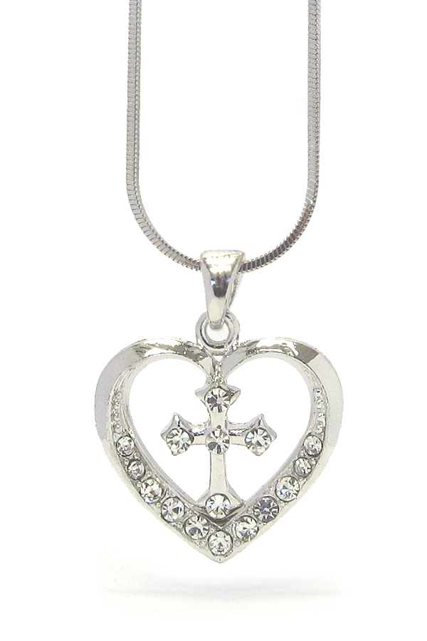 WHITEGOLD PLATING CRYSTAL CROSS AND HEART PENDANT NECKLACE