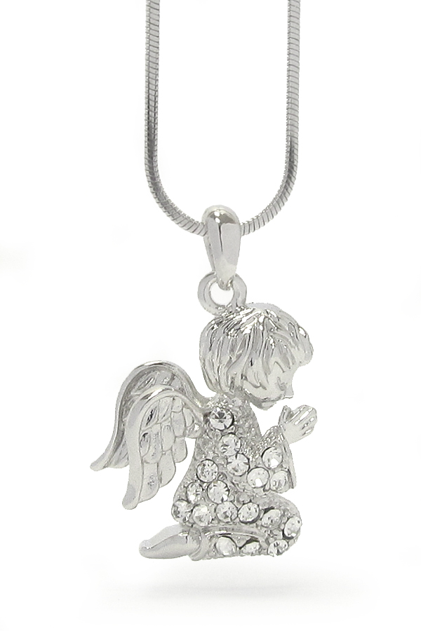 WHITEGOLD PLATING CRYSTAL PRAYING ANGEL PENDANT NECKLACE