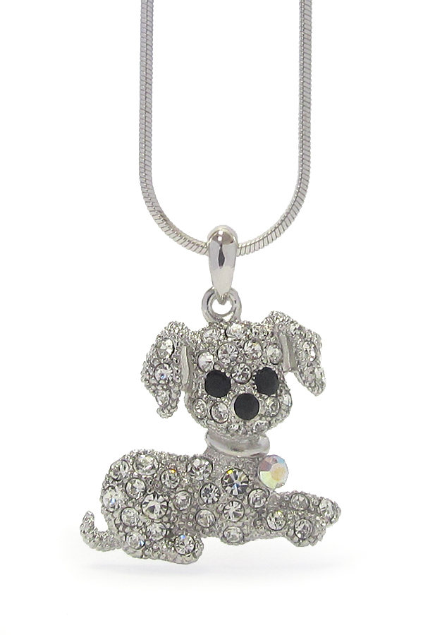 WHITEGOLD PLATING CRYSTAL STUD DOG PENDANT NECKLACE