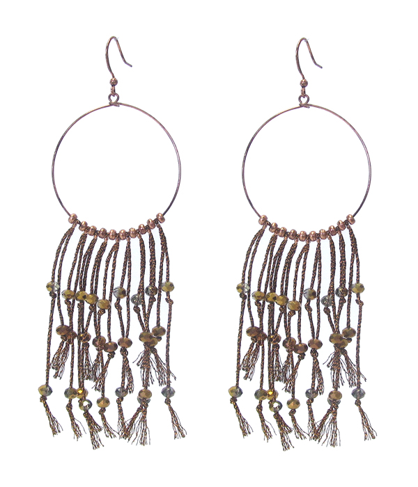 WIRE HOOP AND CRYSTAL DANGLE THREAD TASSEL DROP EARRING