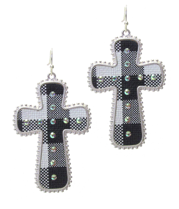 Buffalo plaid check pattern cross earring