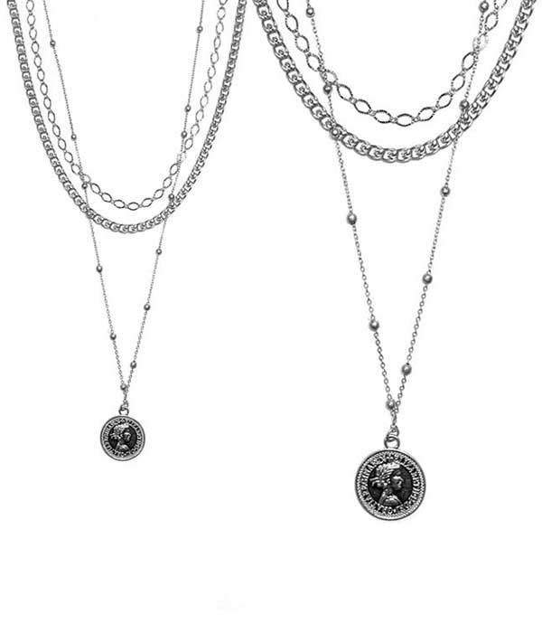 TRIPLE LAYER METAL COIN PENDANT CHAIN NECKLACE