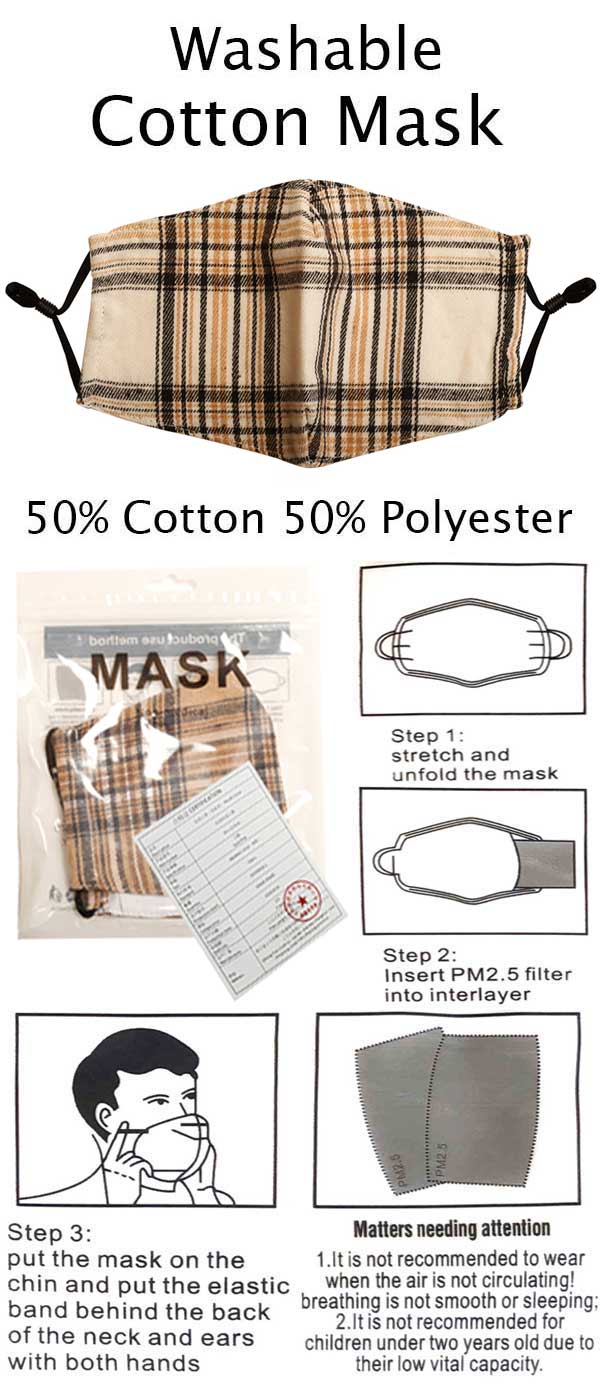 PLAID PATTERN WASHABLE FACE MASK WITH FILTER INTERLAYER AND ADJUSTABLE LENGTH -FILTER NOT INCLUDED