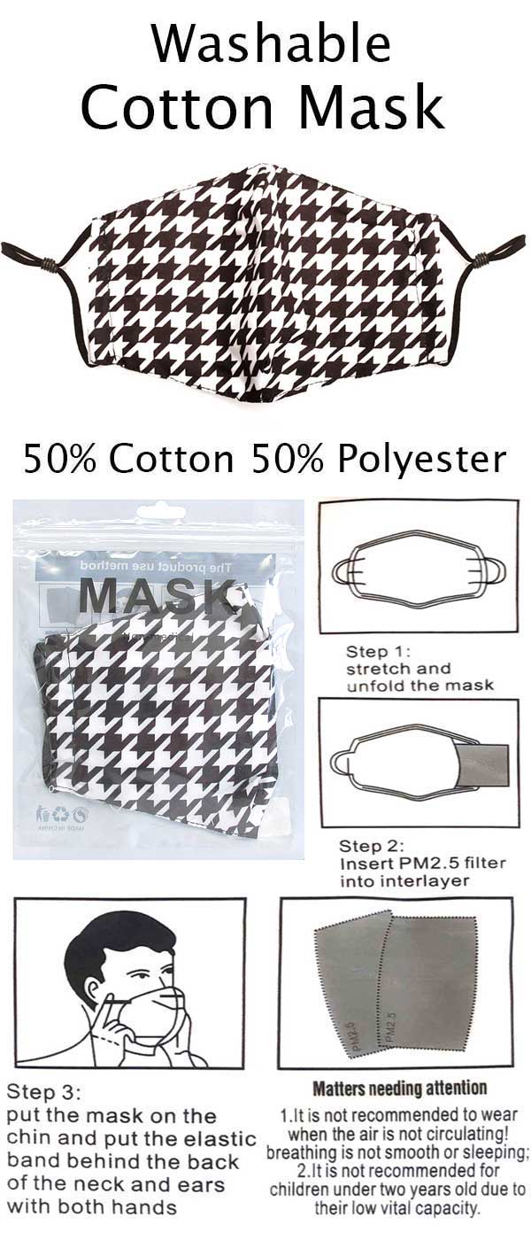 HOUNDTOOTH WASHABLE FACE MASK WITH FILTER INTERLAYER AND ADJUSTABLE LENGTH -FILTER NOT INCLUDED
